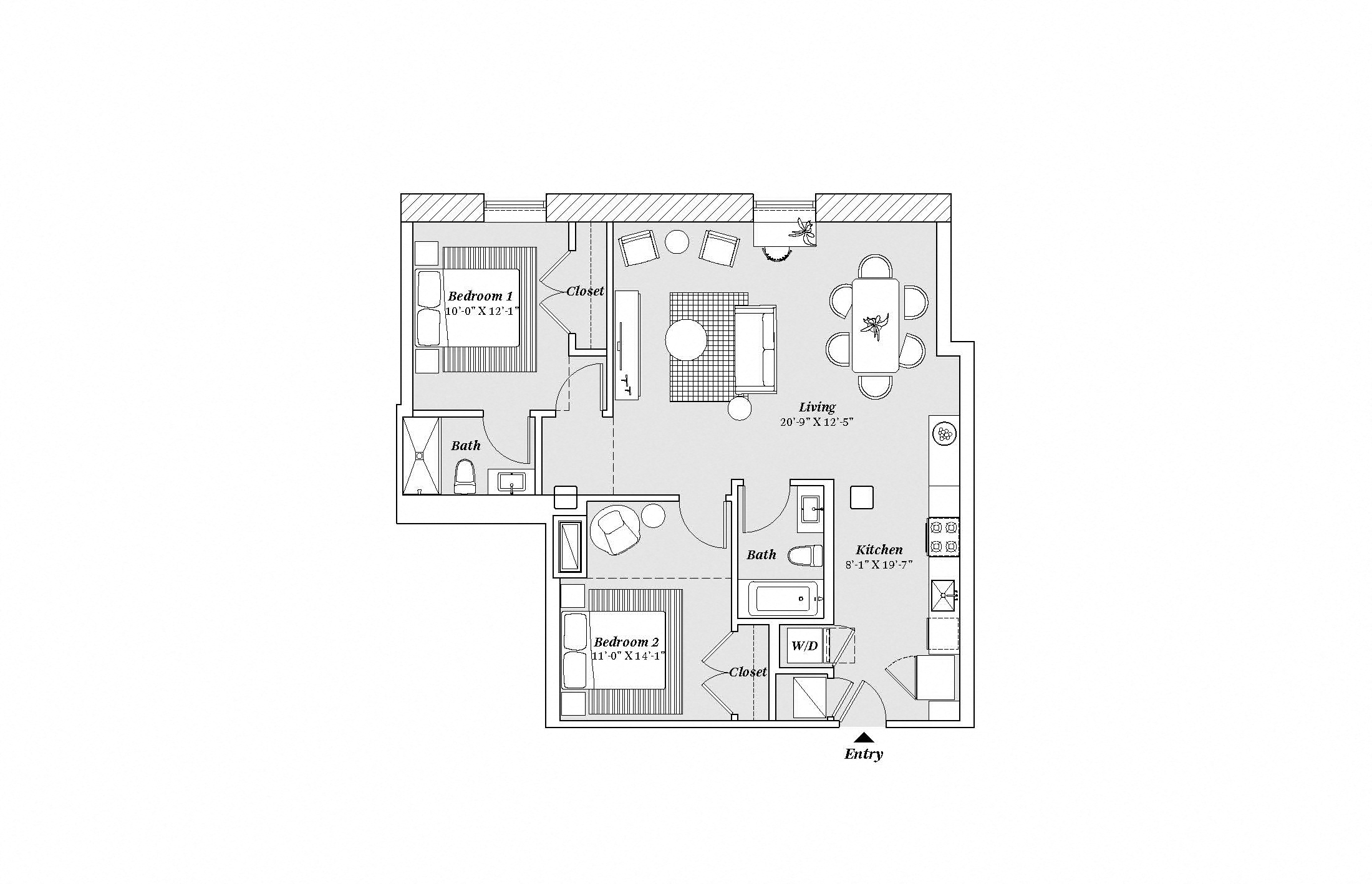 Floor plan for 2 beds, 2 baths, 1106 sqft